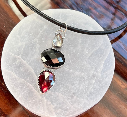 Garnet, Onyx and Ritualized Quartz Sterling Silver Necklace